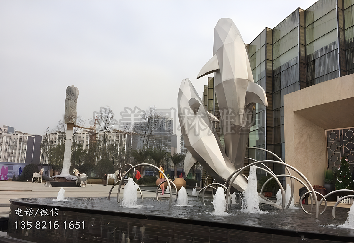 商業(yè)廣場噴泉裝飾不銹鋼海豚雕塑