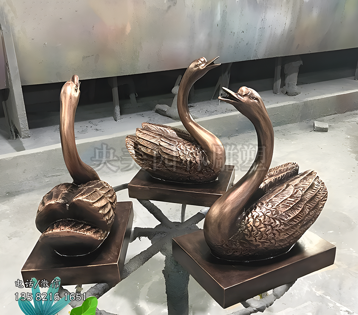 玻璃鋼仿銅噴水天鵝雕塑