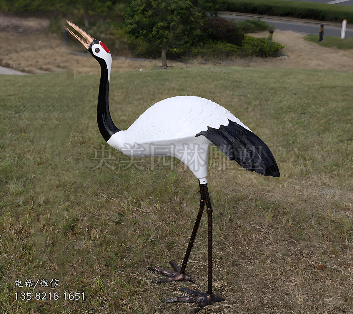 抬頭看天的仿真仙鶴雕塑