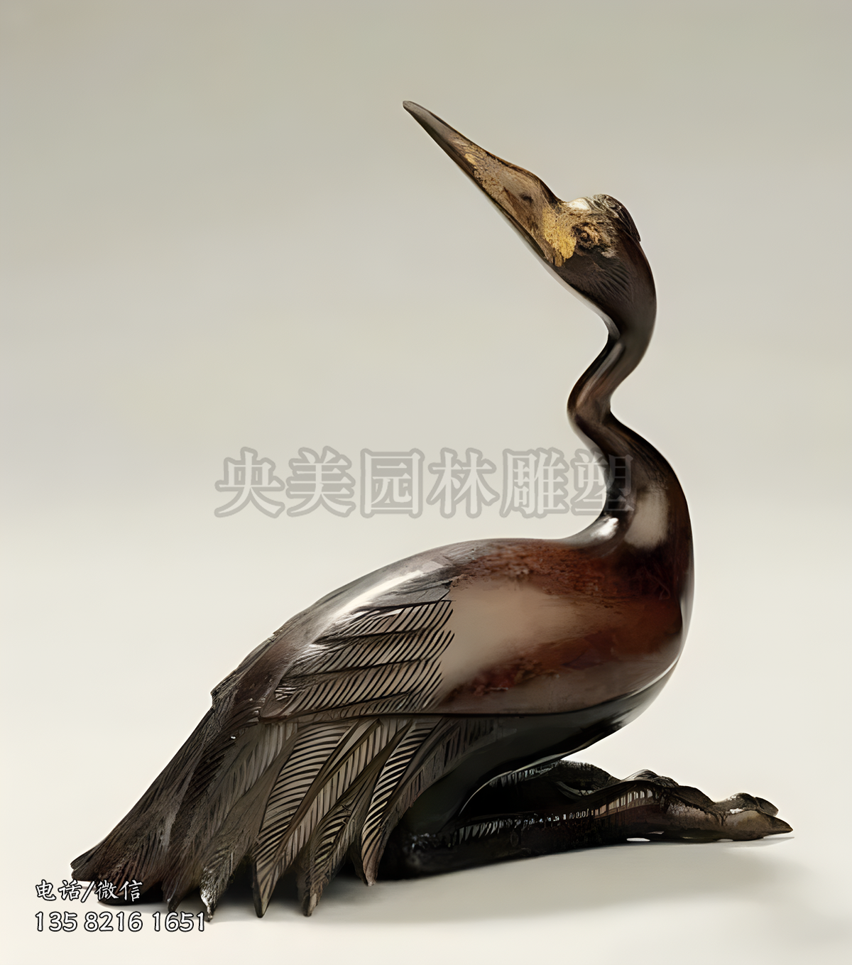 臥地回首抬頭望天的銅雕仙鶴雕塑