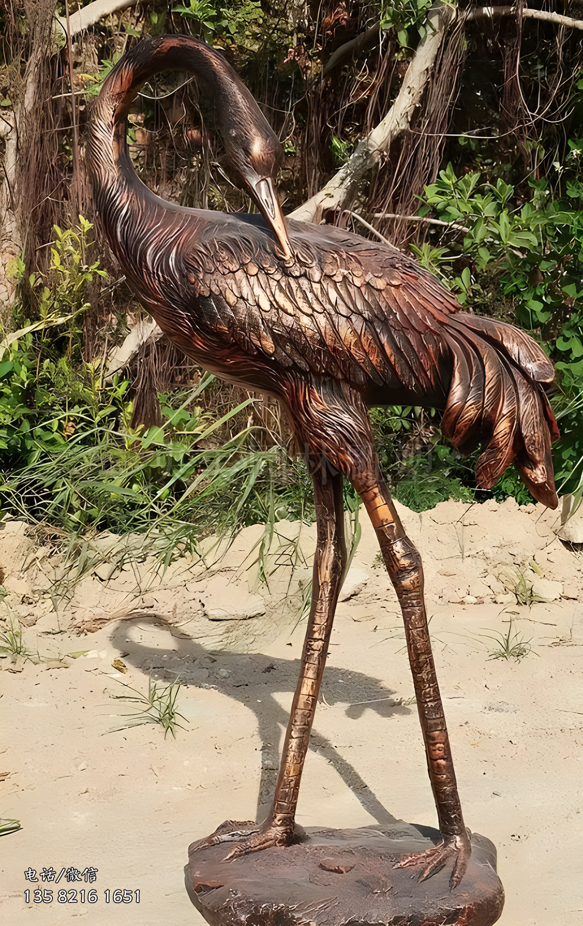 紫銅色銅雕仙鶴