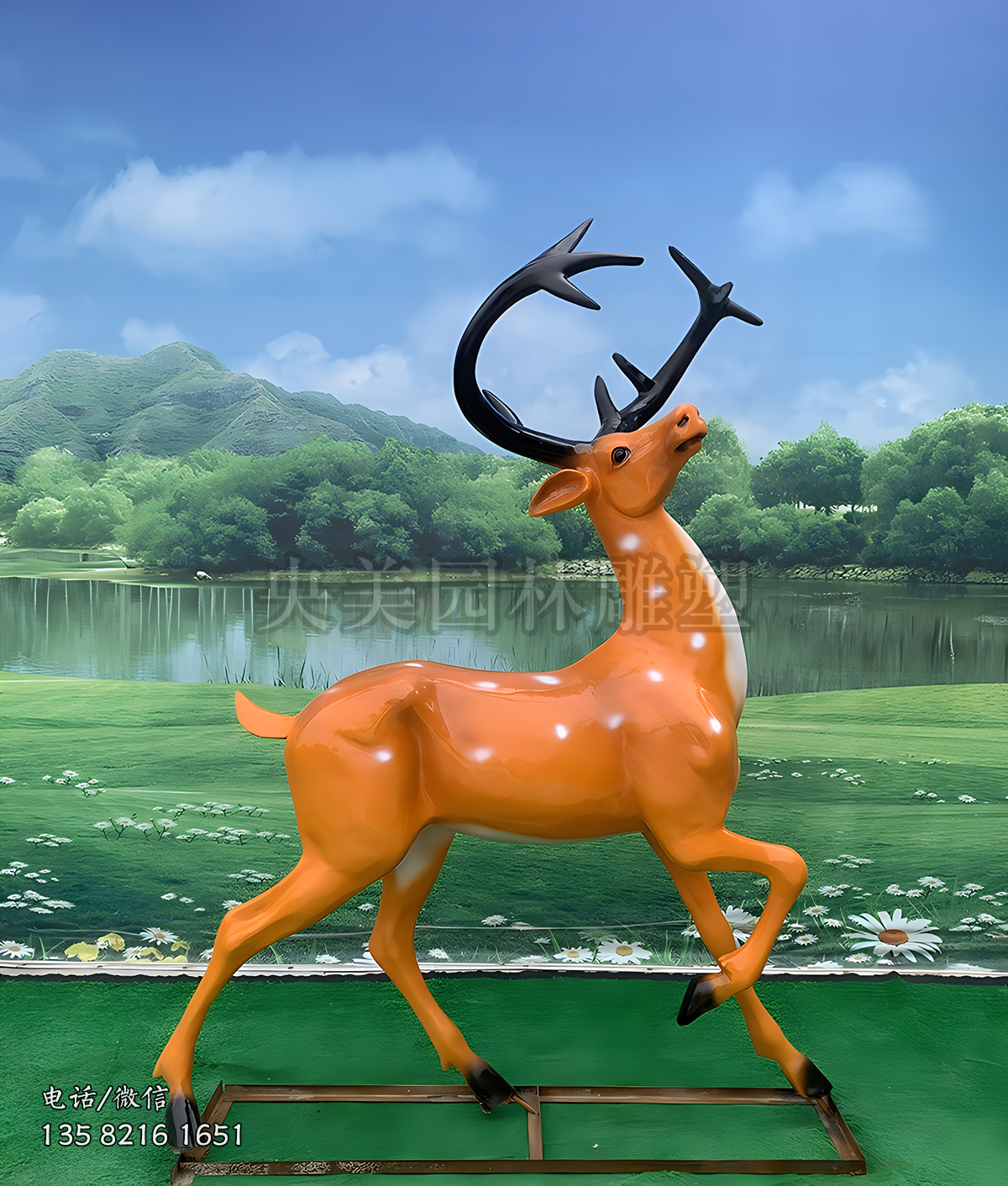 抬頭奔跑的仿真公鹿雕塑