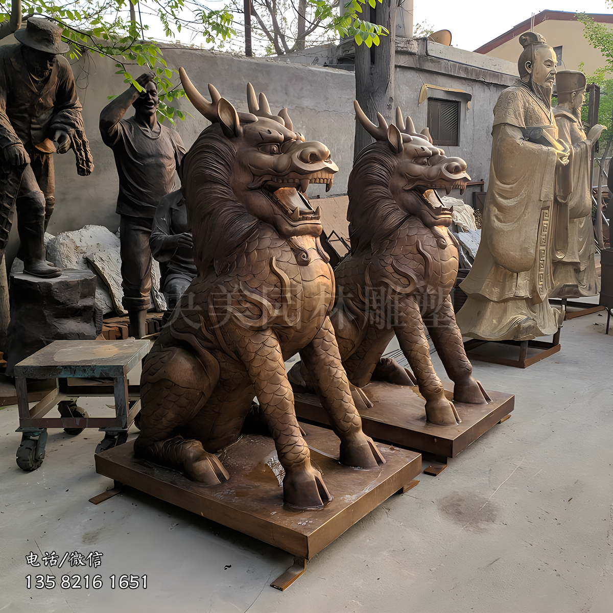 古銅色坐姿銅雕麒麟雕塑