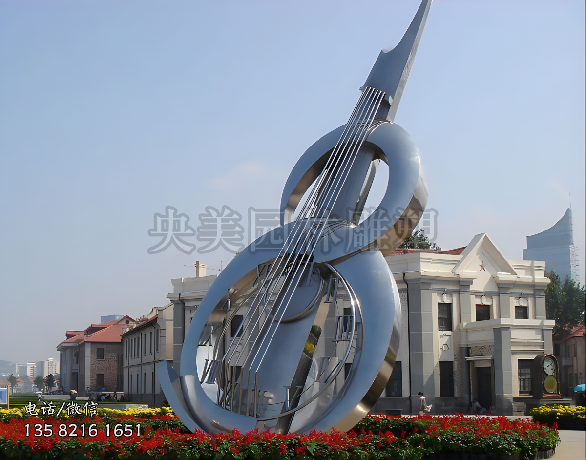 鏡面不銹鋼抽象吉他景觀雕塑